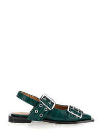 Green Ballet Shoes With Double Buckle And Pointed Design In Leather Woman