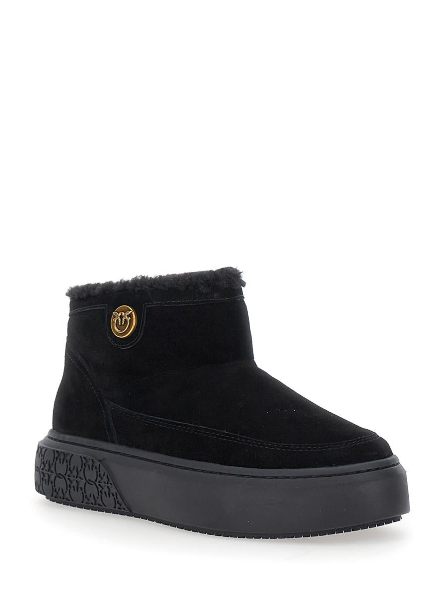 'Yoko' Black Ankle Boots With Love Birds Diamond Cut Patch And Fur Lining In Suede Woman