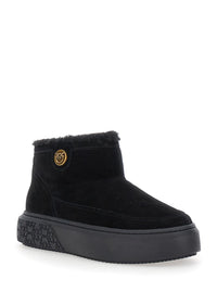 'Yoko' Black Ankle Boots With Love Birds Diamond Cut Patch And Fur Lining In Suede Woman