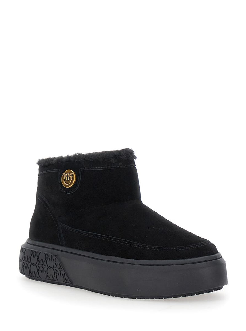 'Yoko' Black Ankle Boots With Love Birds Diamond Cut Patch And Fur Lining In Suede Woman