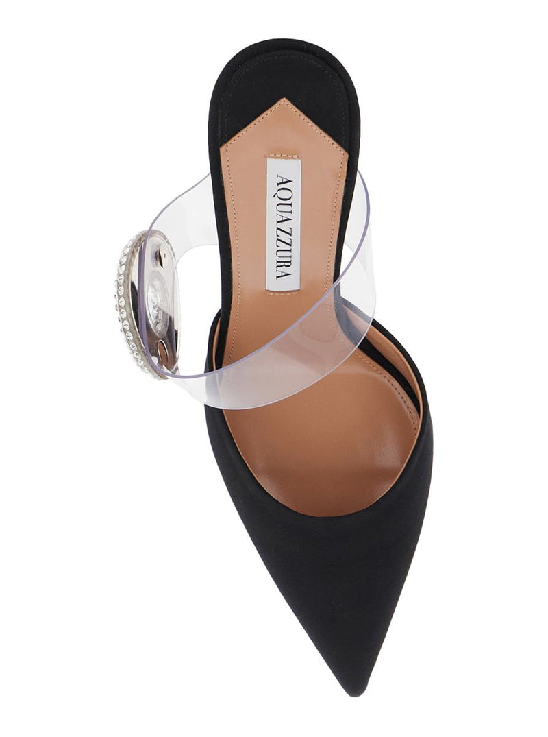 Black Slingback Mules With Crystal Embellishment And Transparent Strap In Suede Woman