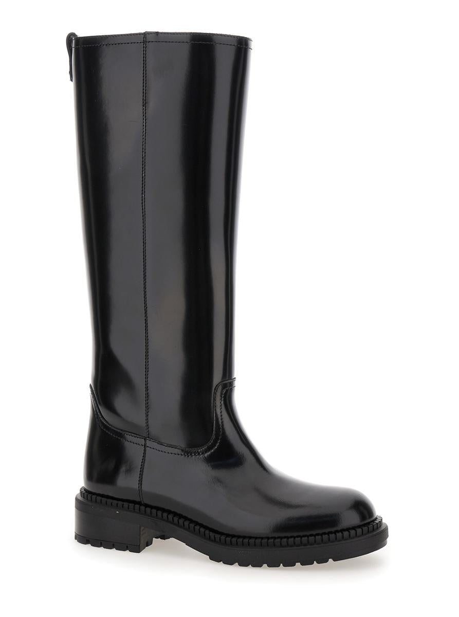 Black Boots With Wide Heel And Zip Closure In Leather Woman