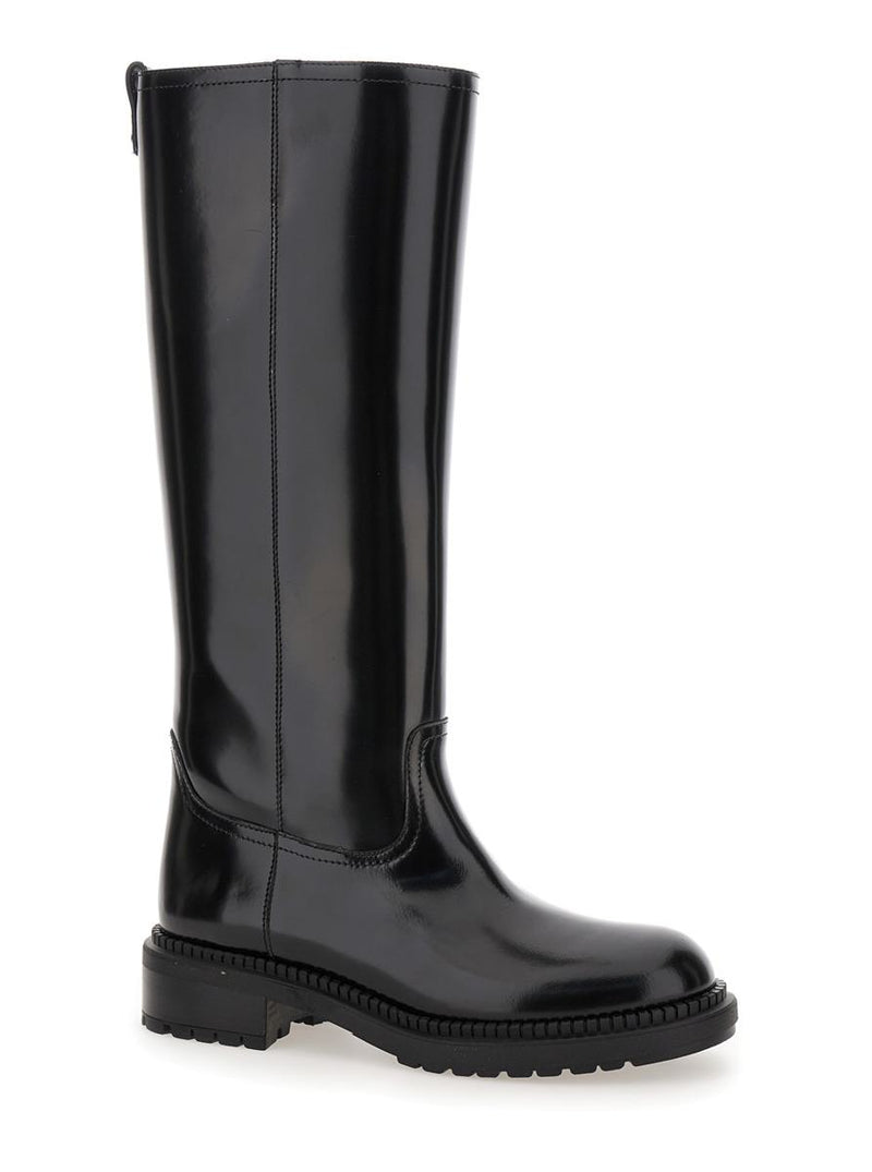 Black Boots With Wide Heel And Zip Closure In Leather Woman