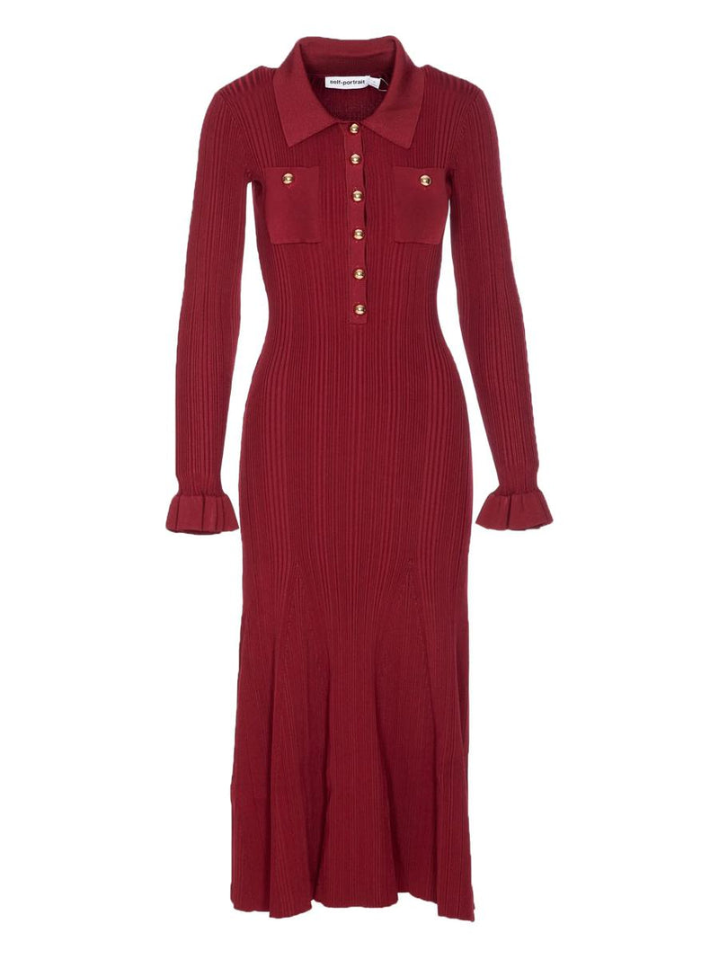 Self-Portrait Burgundy Ribbed Knit Midi Dress Clothing