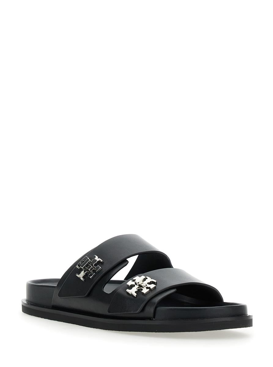 'Turnlock' Black Sandals With Double Strap And Logo Plaque In Leather Woman