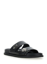 'Turnlock' Black Sandals With Double Strap And Logo Plaque In Leather Woman