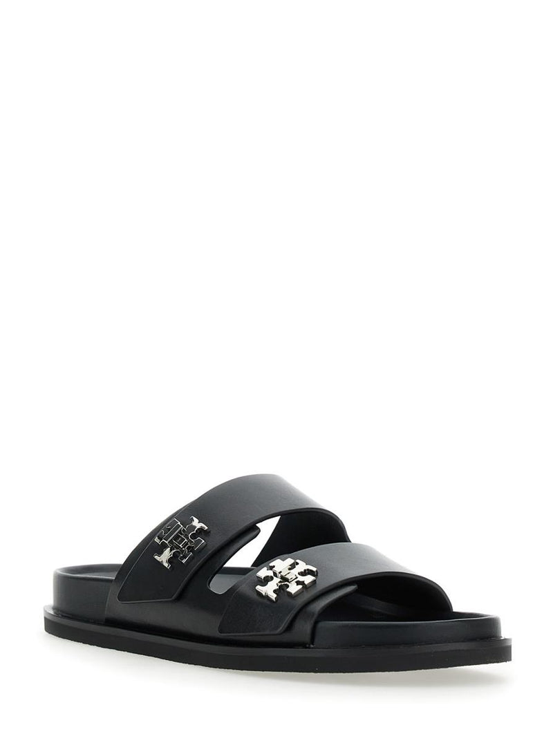 'Turnlock' Black Sandals With Double Strap And Logo Plaque In Leather Woman
