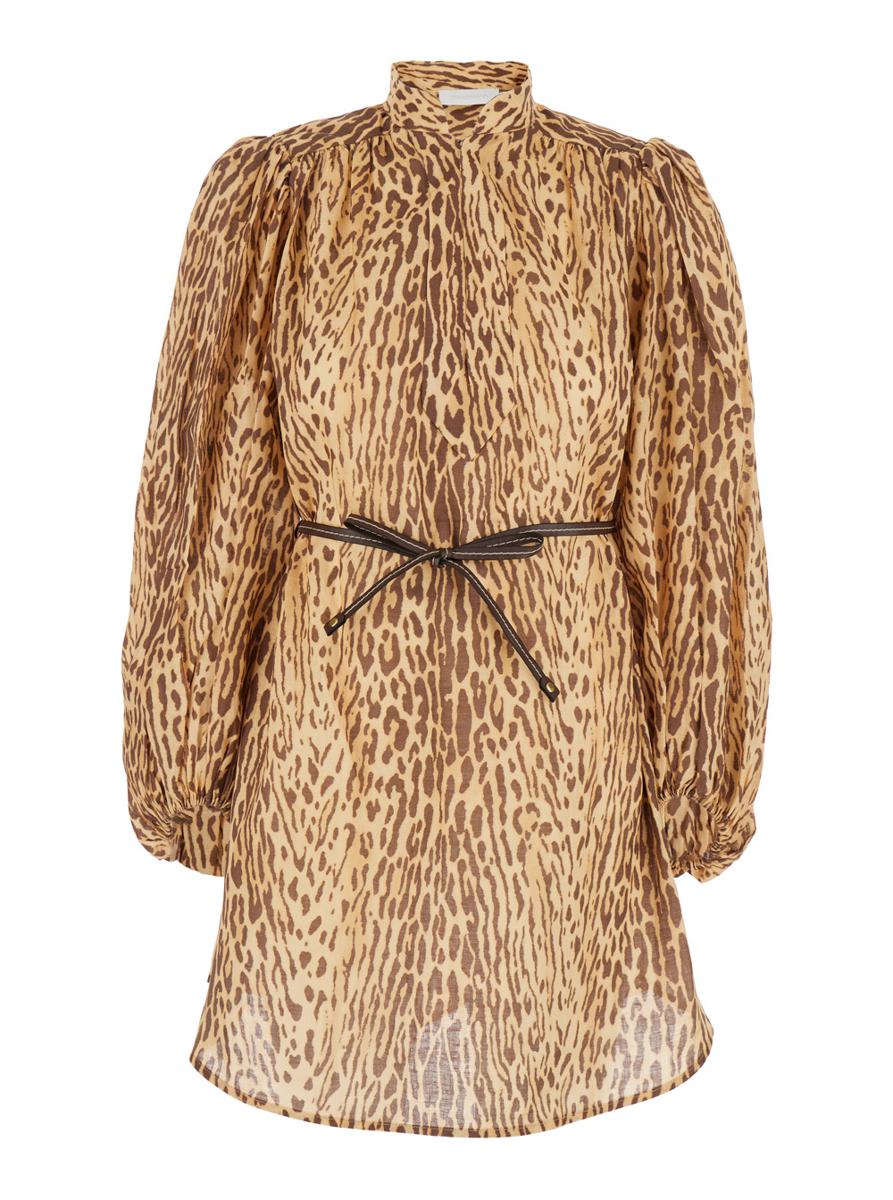 'Cascadian' Beige Tunic Dress With Stand-Up Collar And All-Over Leopard Print In Linen Woman