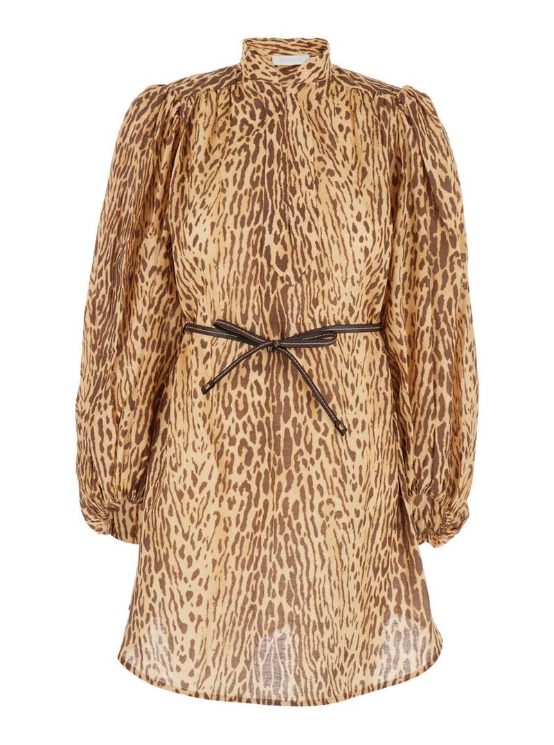 'Cascadian' Beige Tunic Dress With Stand-Up Collar And All-Over Leopard Print In Linen Woman