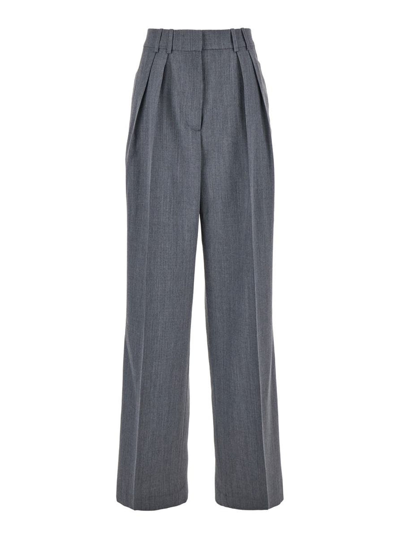 Grey Pants With Pences And Wide Leg In Wool Blend Woman