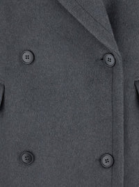 Grey Double-Breasted Coat With Wide Notched Revers In Wool Woman