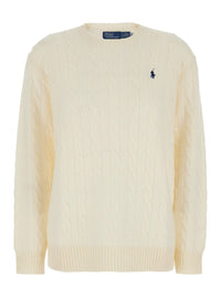 White Knit Crewneck Sweater With Pony Embroidery In Wool And Cashmere Woman