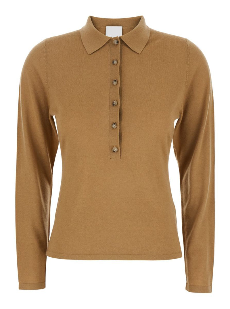 Beige Polo Style Sweater With Classic Collar In Wool Woman
