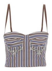 Multicolor Bustier Style Top With Front Crystal Embellishments And All-Over Striped Motif In Cotton Woman