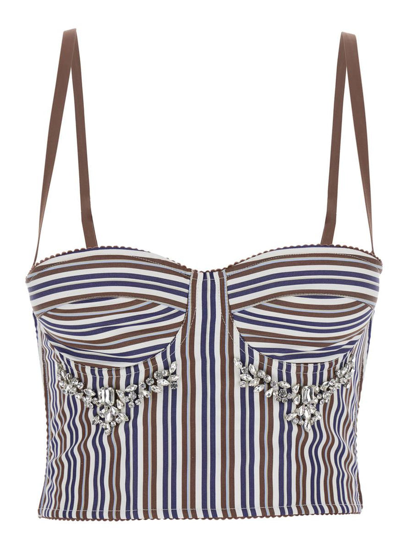 Multicolor Bustier Style Top With Front Crystal Embellishments And All-Over Striped Motif In Cotton Woman