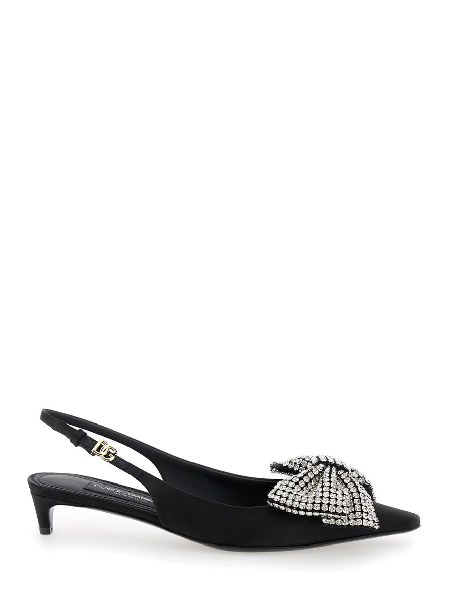 Black Slingback Pumps With Rhinestone Bow Detail In Silk Blend Woman
