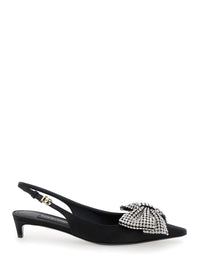 Black Slingback Pumps With Rhinestone Bow Detail In Silk Blend Woman