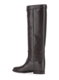 Dark Brown Boots With Padlock Detail And Low Block Heel In Leather Woman