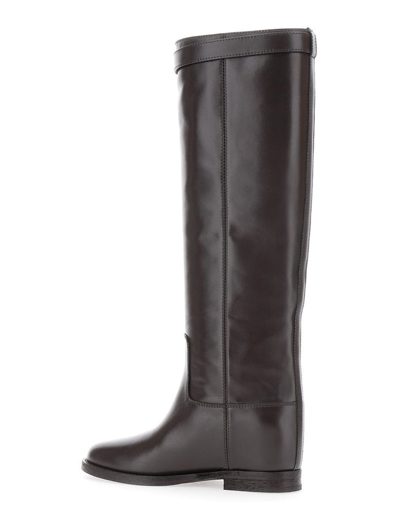 Dark Brown Boots With Padlock Detail And Low Block Heel In Leather Woman