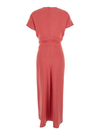 Pink Dress With V Neck And Short Sleeves In Tech Fabric Woman