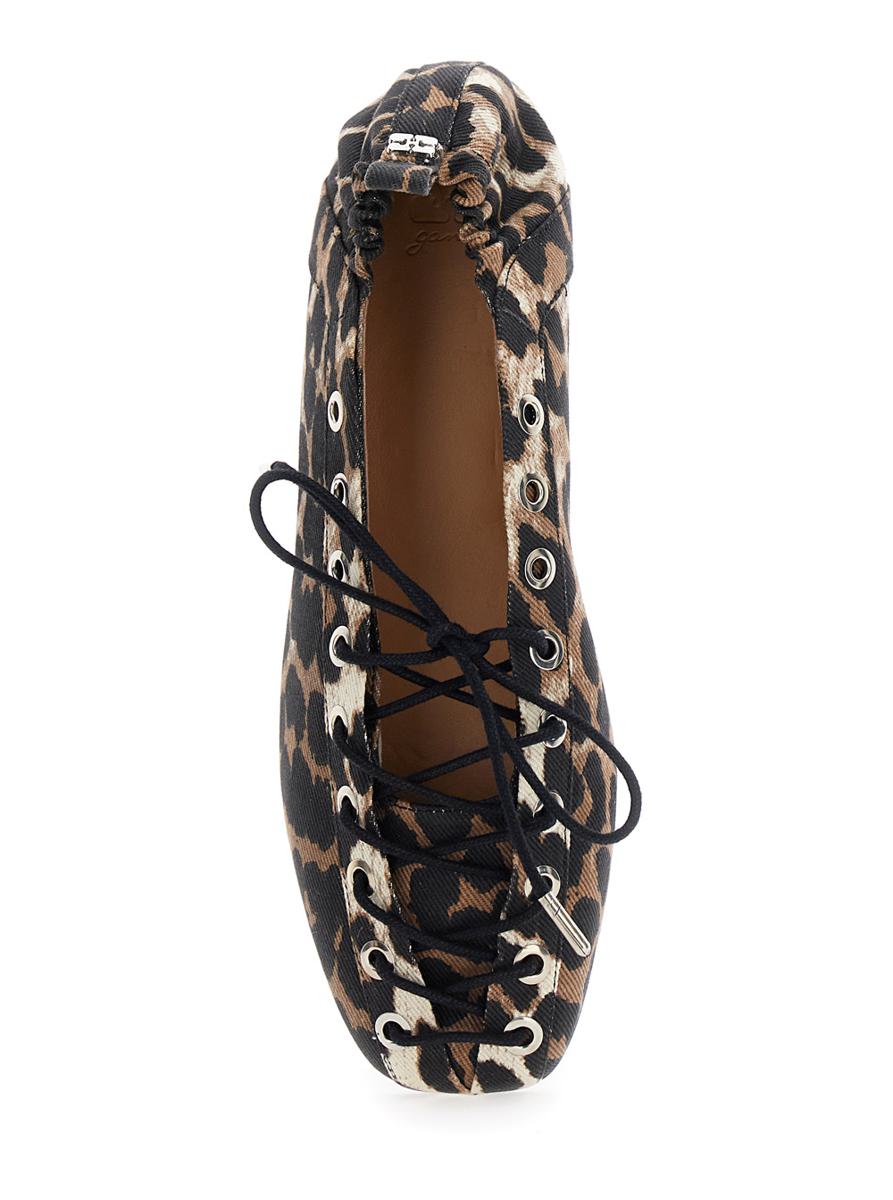 Brown Lace-Up Ballerinas With Metal Eyelets And All-Over Print In Fabric Woman