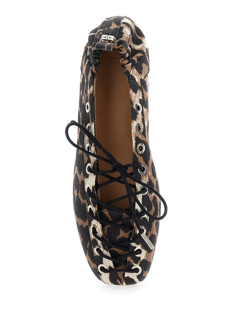 Brown Lace-Up Ballerinas With Metal Eyelets And All-Over Print In Fabric Woman
