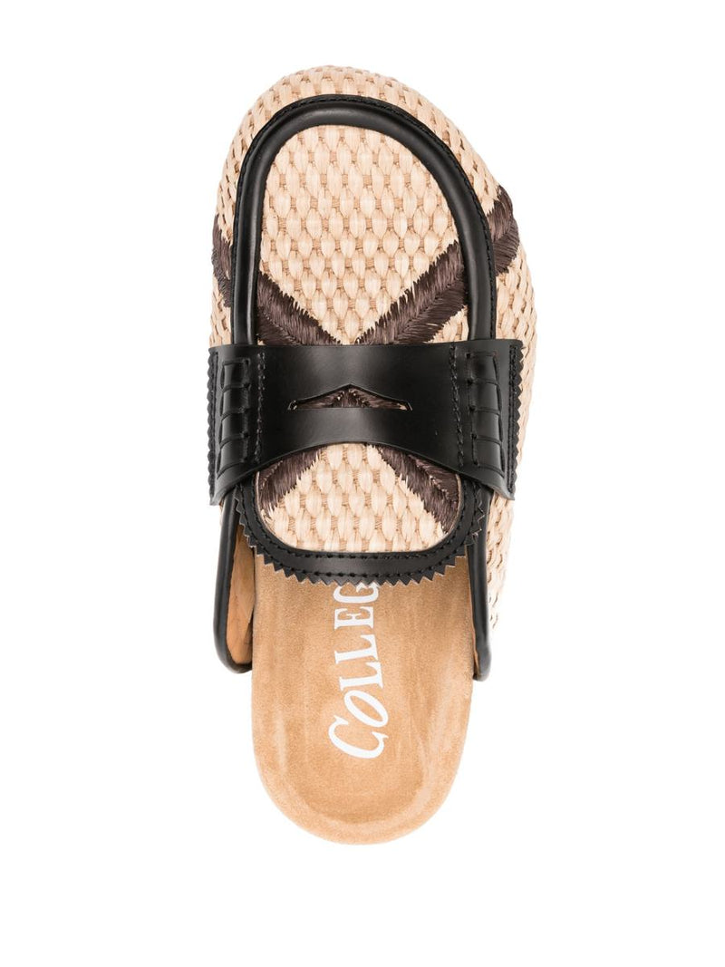 College Leather-Trim Raffia Mules
