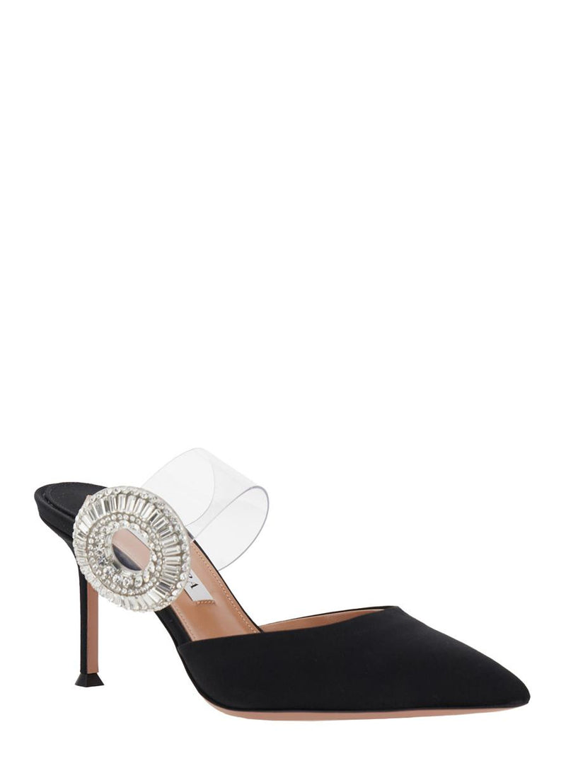 Black Slingback Mules With Crystal Embellishment And Transparent Strap In Suede Woman