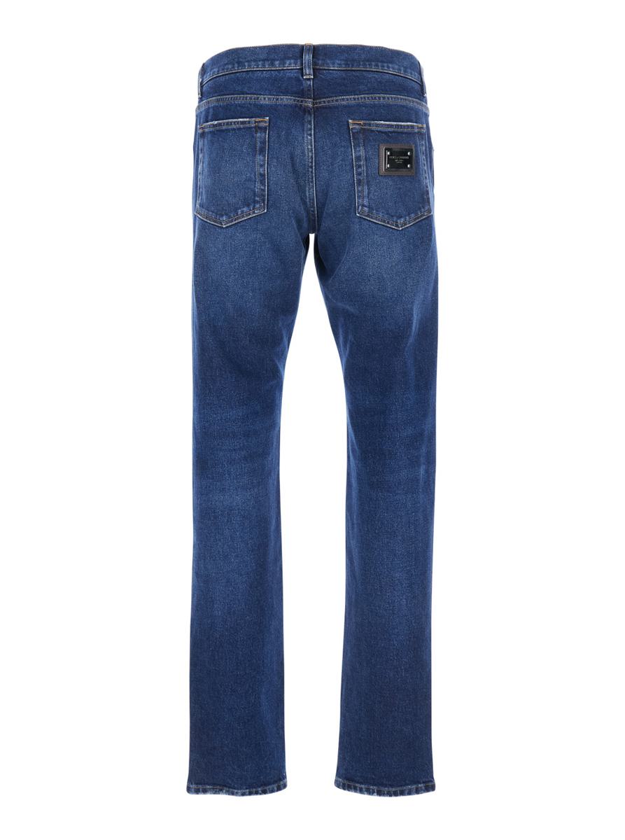 Blue Slim Jeans With Logo Patch On The Rear In Denim Man