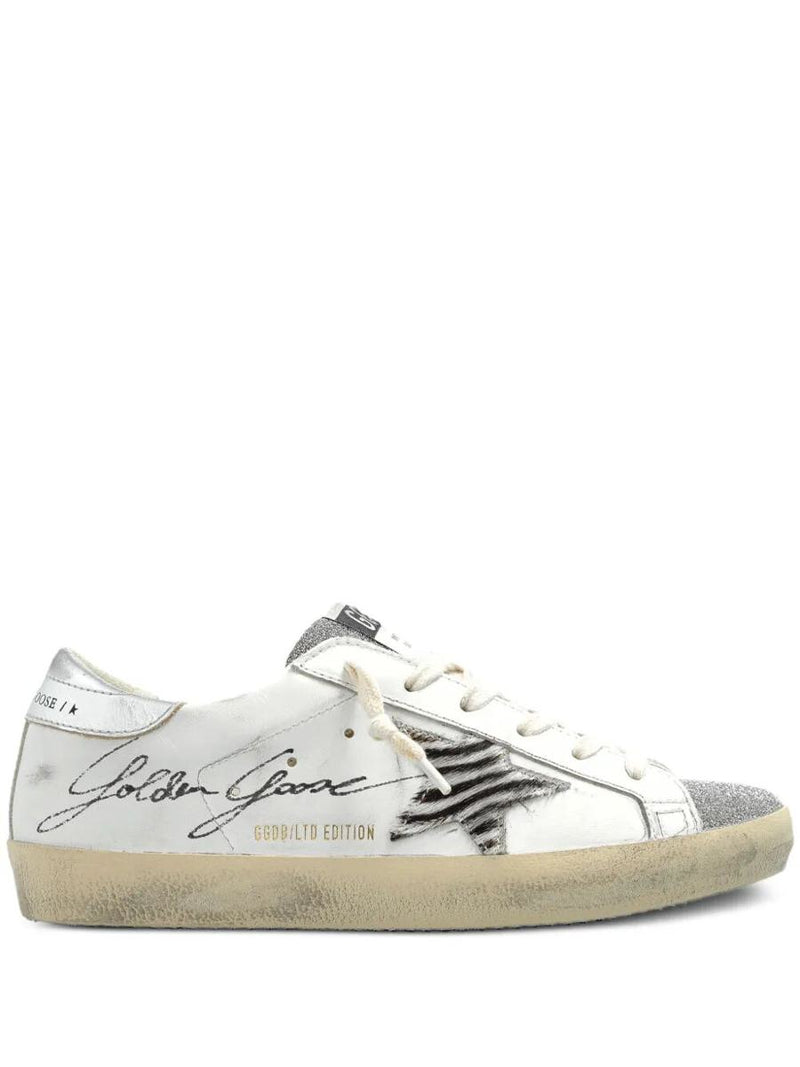 Golden Goose "Super Star" Leather Upper With Signature Crystal Toe And Tongue Zebra Horsy Star Laminated Heel Shoes