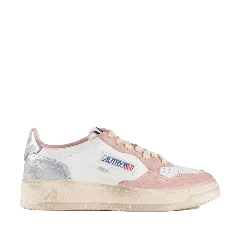Autry Medalist Low Super Vintage Powder Pink White Leather And Silver Sneakers