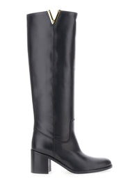 Black Knee-High Boots With Cut-Out On The Side And Logo Plaque In Leather Woman