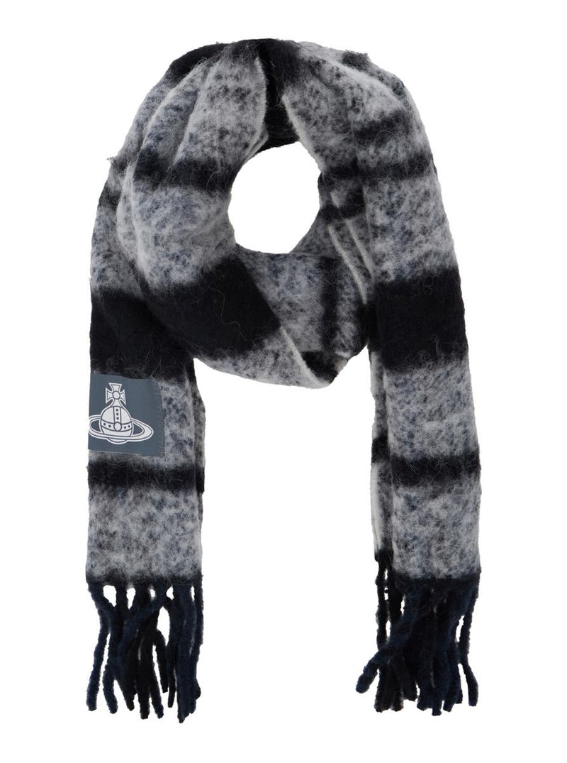 Grey Scarf With Orb Patch On The Front And All-Over Striped Motif In Wool Unisex