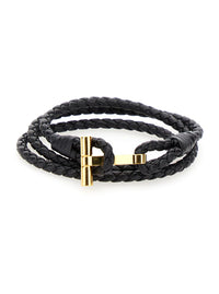 Black Bracelet With T Detail In Braided Leather Man