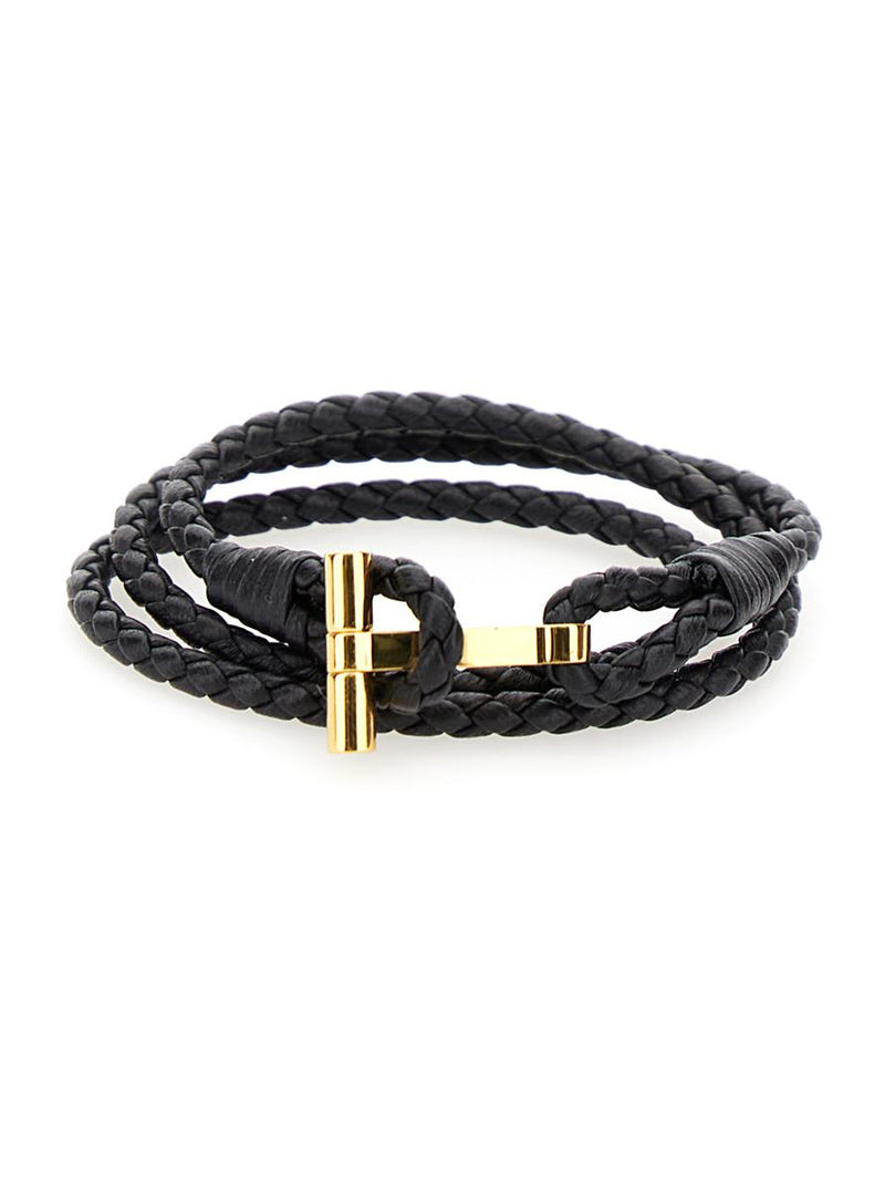 Black Bracelet With T Detail In Braided Leather Man