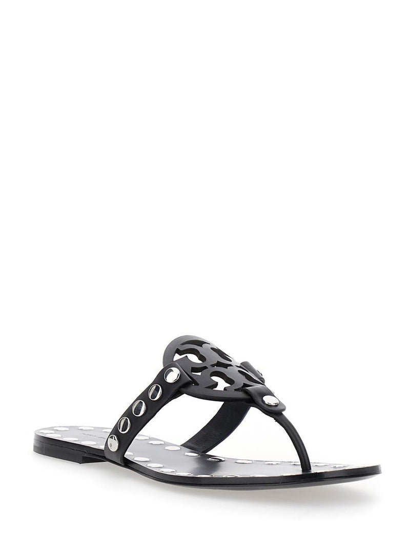 Black Thong Sandals With Logo On The Front And Stud Embellishments In Leather Woman
