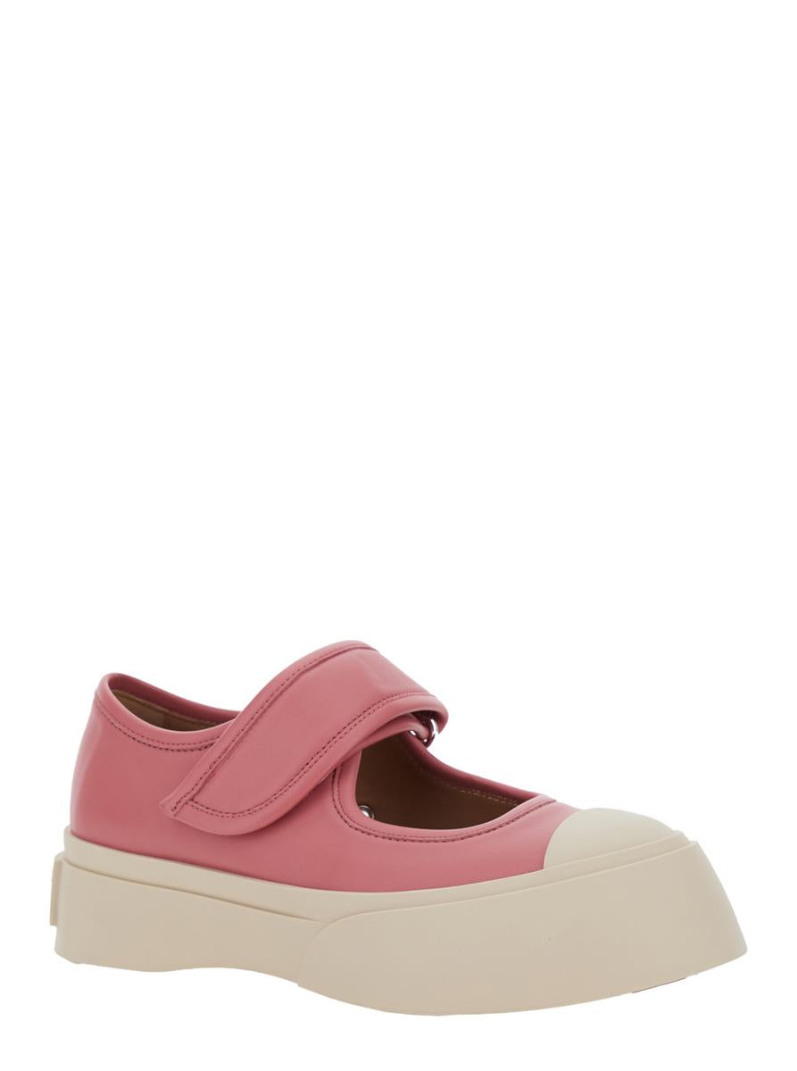 'Mary Jane' Pink Sandals With Touch-Strap Closure And Logo Patch On The Rear In Leather Woman