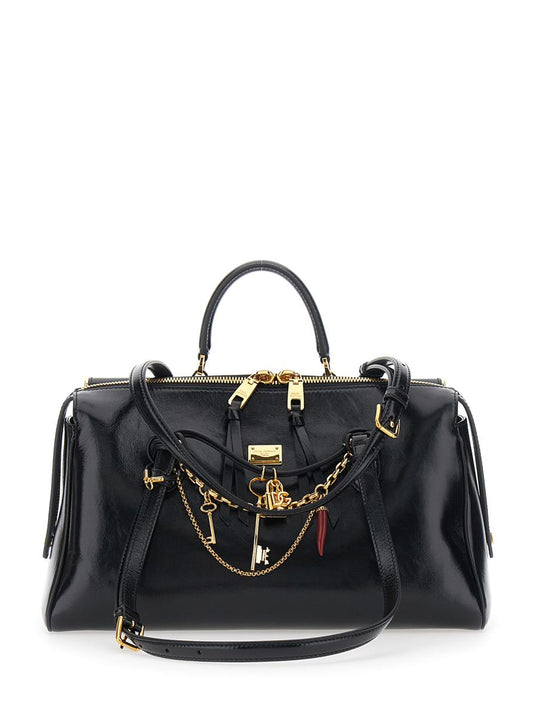 'Vittoria' Black Shoulder Bag With Chain Detail And Charms On The Front In Leather Woman