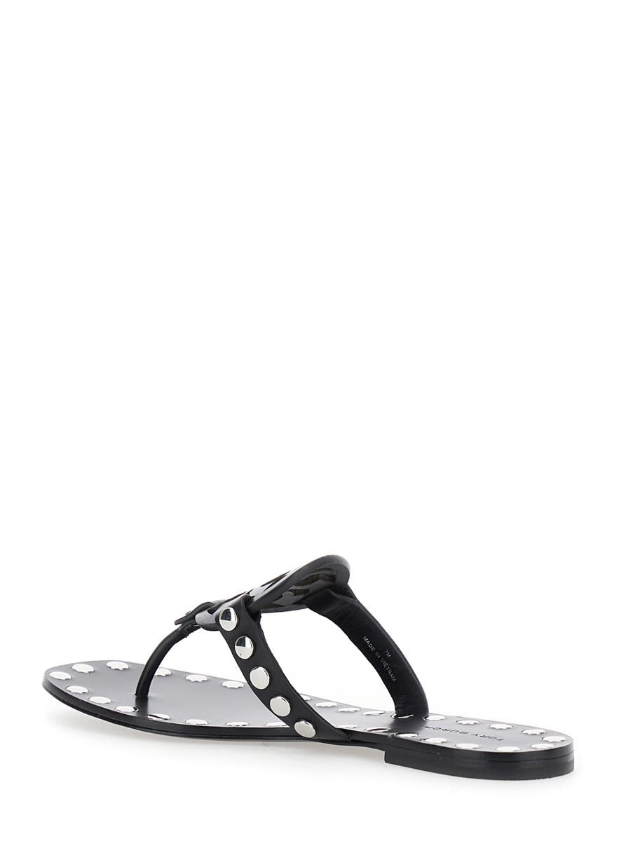 Black Thong Sandals With Logo On The Front And Stud Embellishments In Leather Woman