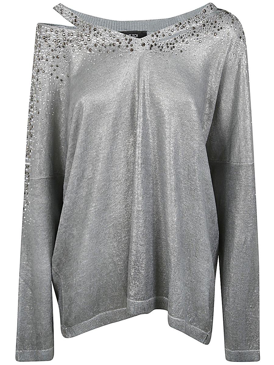 Avant Toi Linen Cotton V-Neck Pullover With Lamination And Rhinestones Clothing
