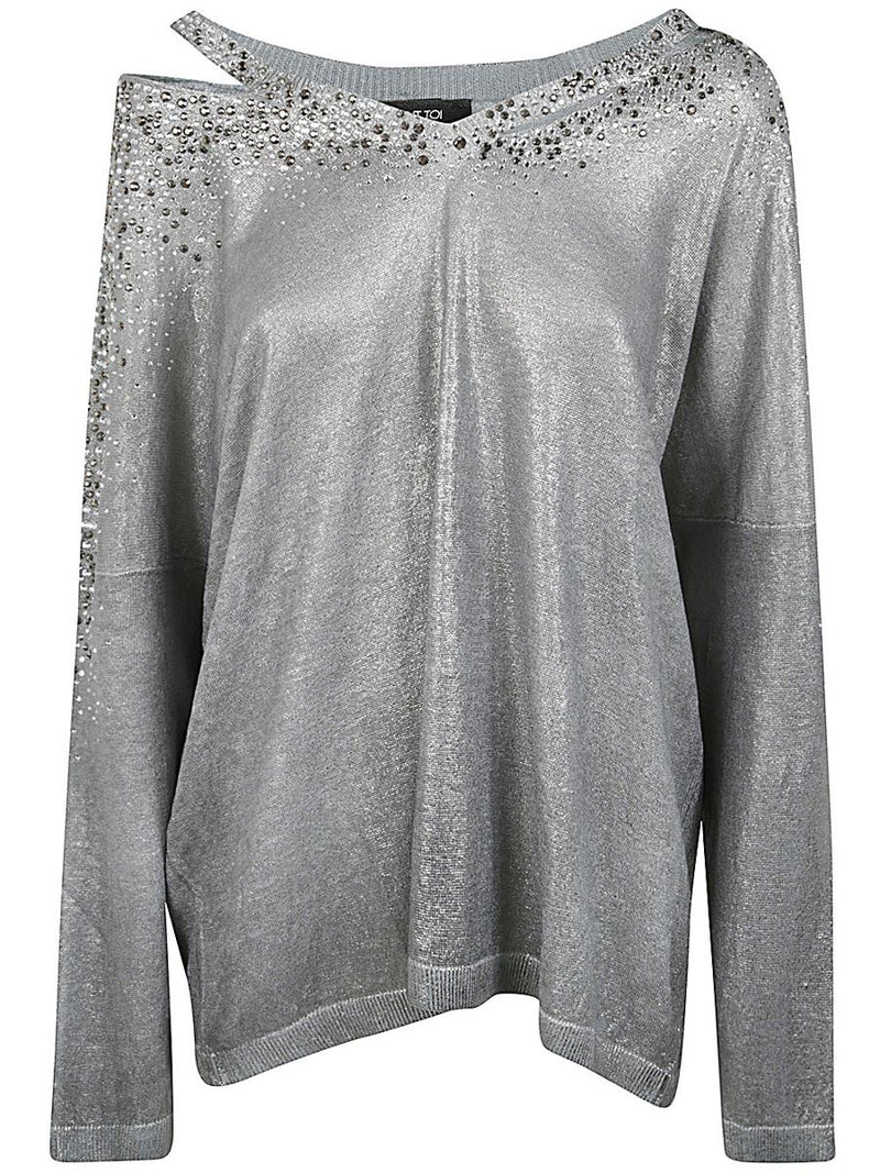 Avant Toi Linen Cotton V-Neck Pullover With Lamination And Rhinestones Clothing