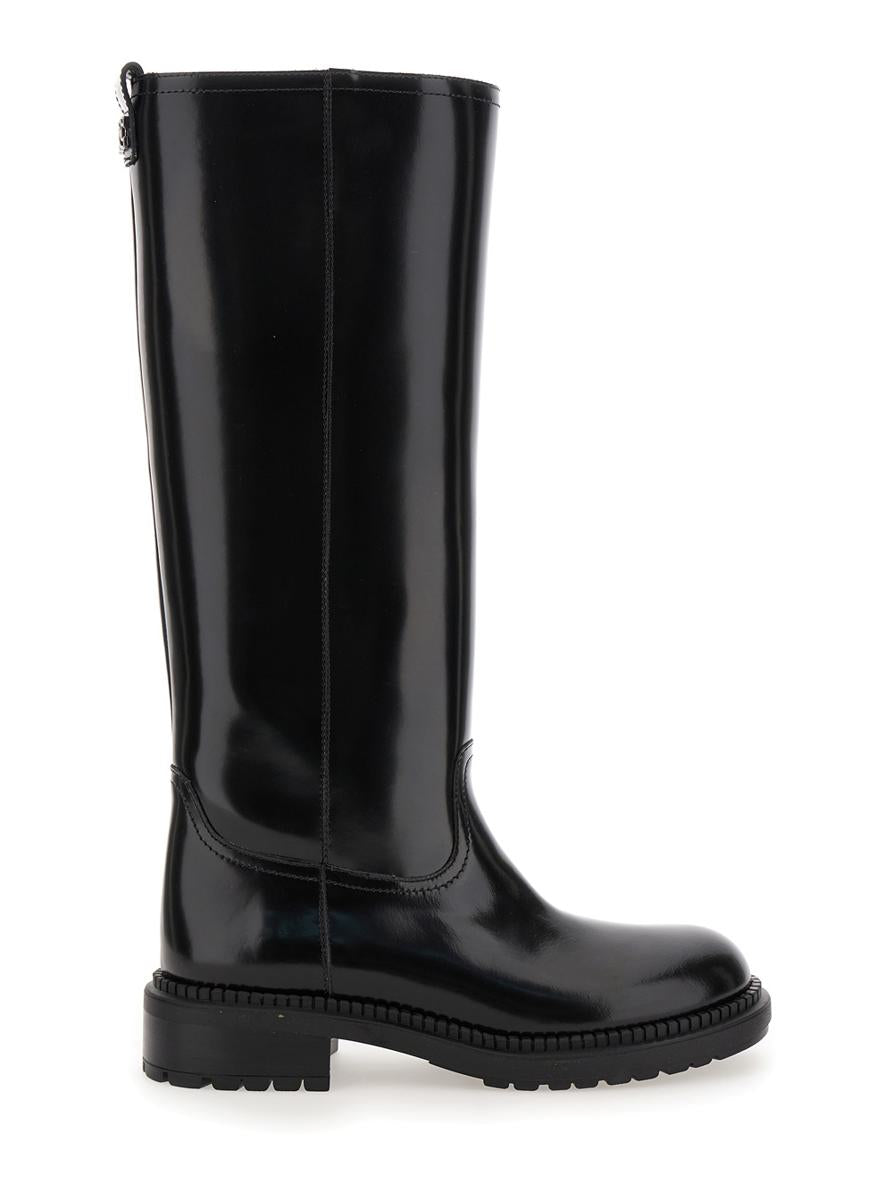 Black Boots With Wide Heel And Zip Closure In Leather Woman