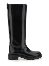 Black Boots With Wide Heel And Zip Closure In Leather Woman