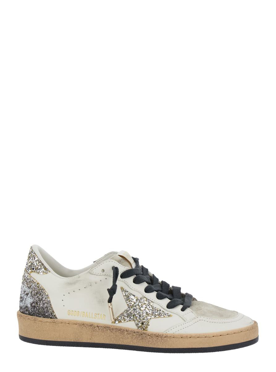 'Ballstar' White Low Top Sneakers With Glittered Star Patch On The Side And Glittered Heel With Logo Lettering In Leather Woman
