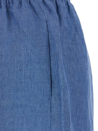 Blue Pants With Elastic Drawstring Waist And Wide Leg In Linen Woman