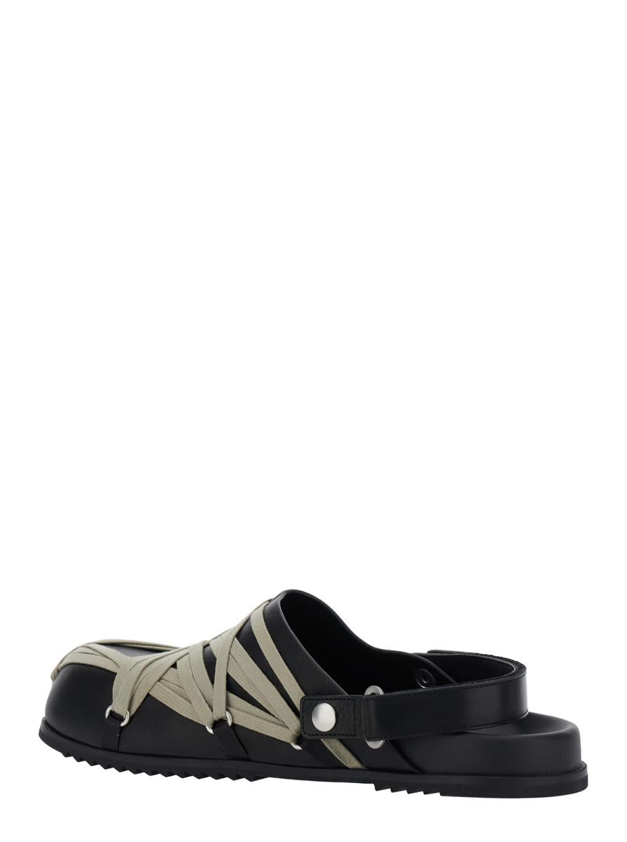 Black Mules With Oversize Decorative Laces And Buckle Closure In Leather Man