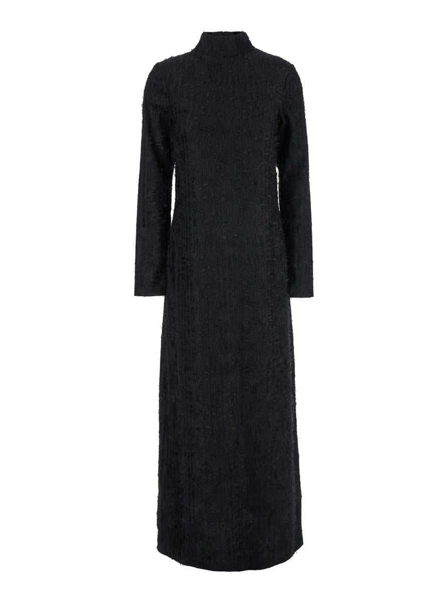 Black Turtleneck Dress With Fringes All-Over In Fabric Woman