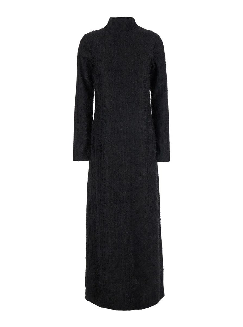 Black Turtleneck Dress With Fringes All-Over In Fabric Woman
