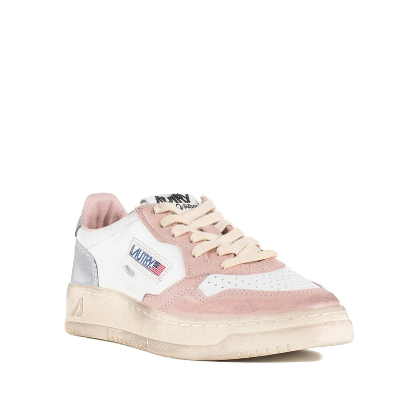 Autry Medalist Low Super Vintage Powder Pink White Leather And Silver Sneakers