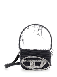 '1Dr' Black Shoulder Bag With Oval D Plaque With Rhinestones And Fringed Edges In Cotton And Leather Blend Woman